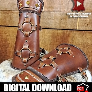 May include: A pair of brown leather bracers featuring brass-colored metal rings, studs, and pyramid-shaped accents. The bracers are constructed with stitched leather straps and include text indicating a digital download and video tutorial.