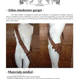 May include: A brown leather baldric worn over a white mannequin torso, featuring multiple straps, metal buckles, and rivets. The document includes the text The LARP Peddler PATTERNS, Athos musketeer gorget, and a list of materials needed for construction.