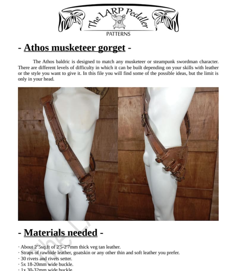 May include: A brown leather baldric worn over a white mannequin torso, featuring multiple straps, metal buckles, and rivets. The document includes the text The LARP Peddler PATTERNS, Athos musketeer gorget, and a list of materials needed for construction.