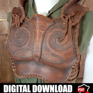 May include: A brown leather chest armor piece featuring embossed spiral patterns, stitched edges, and side lacing. The item includes a digital download with patterns and instructions. The design has a textured border and shoulder straps.