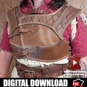 May include: A brown leather chest piece featuring quilted shoulder panels, decorative stitching, and multiple brass-toned buckle closures. The garment is worn over a red quilted under-layer. Text on the image reads DIGITAL DOWNLOAD.