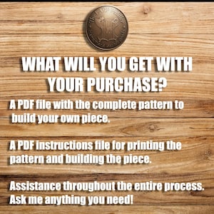 May include: A circular bronze-coloured logo featuring a shield icon and the text The LARP Peddler Handmade leather goods. Below, white text reads: WHAT WILL YOU GET WITH YOUR PURCHASE? A PDF file with the complete pattern, instructions, and assistance.
