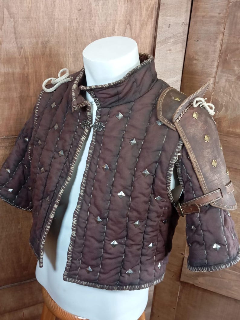 May include: A brown quilted armour vest with silver studs and a brown leather shoulder piece with straps.