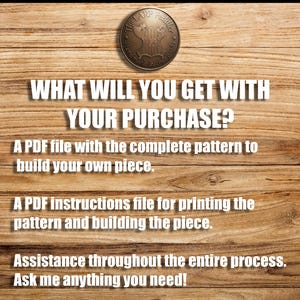 May include: A circular bronze-colored logo featuring a shield icon and the text The LARP Peddler Handmade leather goods. Below, white text reads: WHAT WILL YOU GET WITH YOUR PURCHASE? A PDF file with the complete pattern, instructions, and assistance.