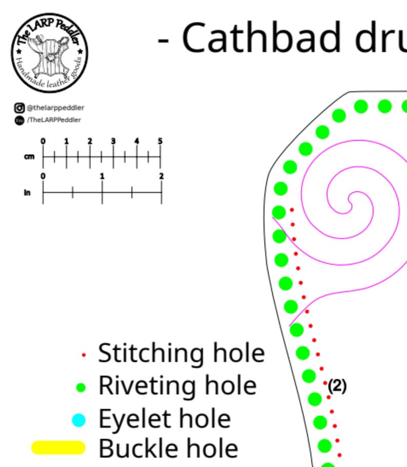 May include: A digital pattern template for a Cathbad druid item featuring a black outline, pink spiral lines, and green dots representing riveting holes. A legend defines red dots as stitching holes, green as riveting holes, and a 5 cm or 2 inch scale.