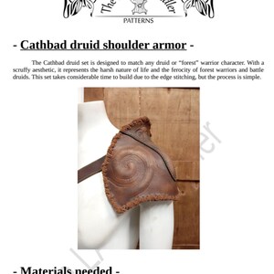 May include: A brown leather shoulder armor piece featuring a spiral embossed design and a fringed edge. The text reads: The LARP Peddler PATTERNS, Cathbad druid shoulder armor, Materials needed, 2 sq feet of veg tan cow leather about 2.5-2.7mm thick.