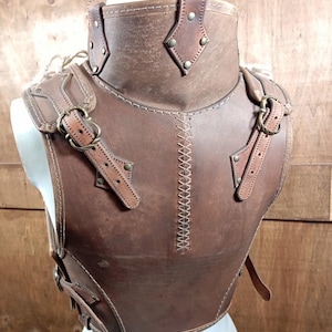 Puede incluir: Armadura de pecho de cuero marr&oacute;n con cuello alto y correas para los hombros. La armadura presenta costuras decorativas, remaches met&aacute;licos y hebillas ajustables. El cuero tiene un acabado envejecido, d&aacute;ndole un aspecto vintage.