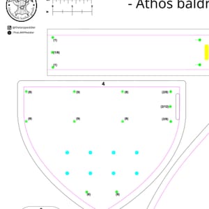 May include: A digital pattern for an Athos baldric featuring a shield-shaped piece labeled 4 with green and blue alignment dots, a rectangular strap section, and a small piece labeled 6. Includes a 5 cm or 2 inch scale ruler and logo.
