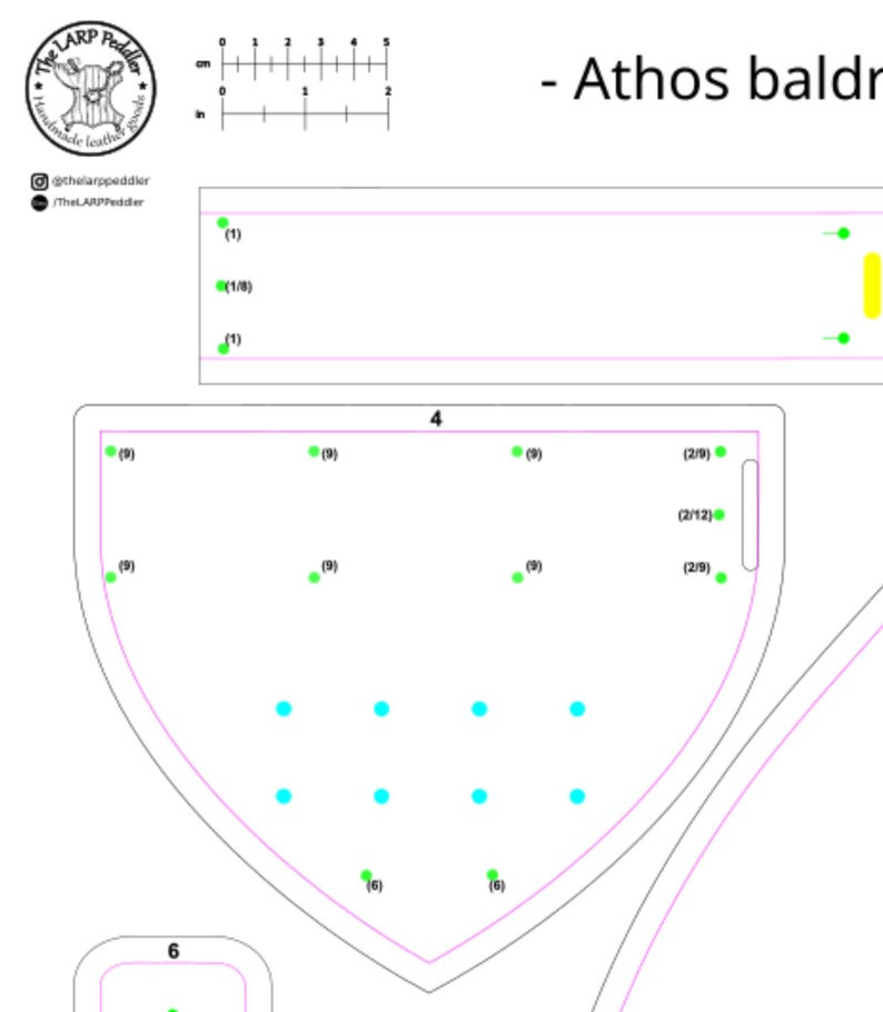 May include: A digital pattern for an Athos baldric featuring a shield-shaped piece labeled 4 with green and blue alignment dots, a rectangular strap section, and a small piece labeled 6. Includes a 5 cm or 2 inch scale ruler and logo.