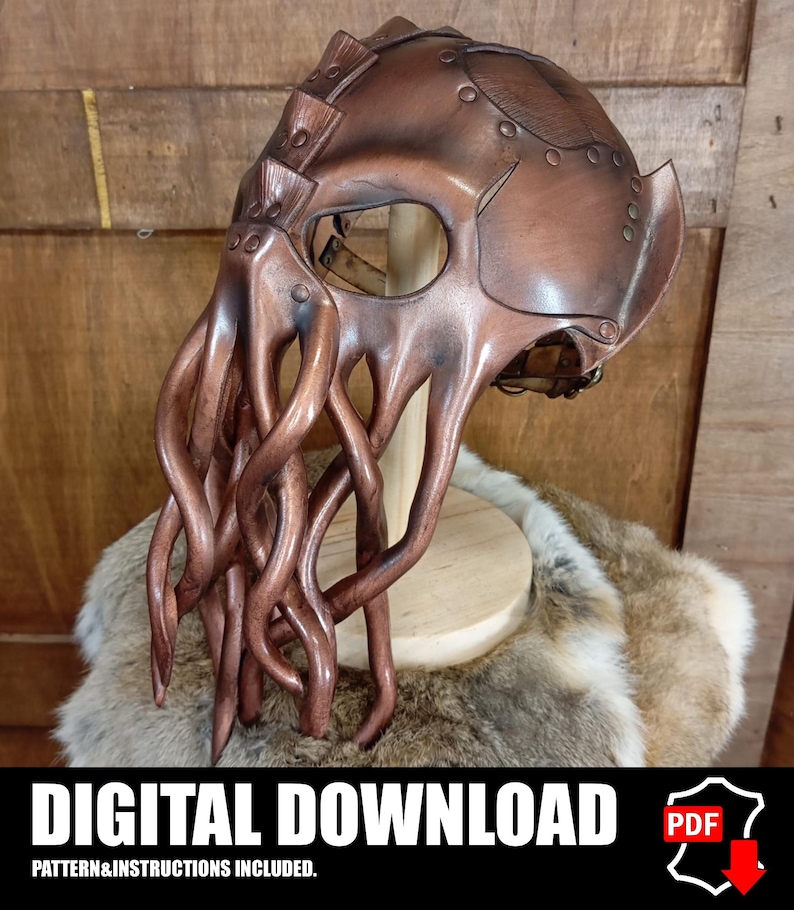 May include: A brown leather mask featuring a cephalopod-inspired design with multiple long, curved tentacles extending from the front. The mask includes visible stitching, metal rivets, and adjustable straps, presented as a digital download pattern.