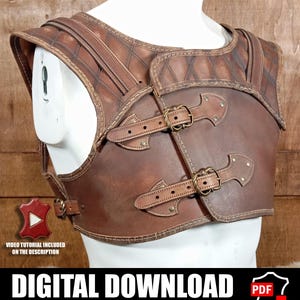 May include: A brown leather chest armor piece featuring a diamond-stitched pattern on the shoulder and chest panels. The garment is secured with two adjustable straps and antique brass-toned metal buckles. Text reads: DIGITAL DOWNLOAD.