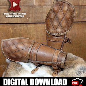 May include: Two brown leather bracers featuring a diamond-quilted pattern on the upper section and smooth leather lower sections with adjustable straps. The image includes text stating VIDEO TUTORIAL INCLUDED ON THE DESCRIPTION and DIGITAL DOWNLOAD.