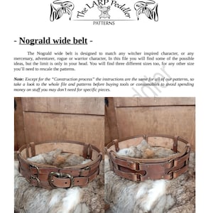 May include: A brown leather Nograld wide belt with brass buckles, designed for witcher-inspired characters. The belt is shown on a fur-like surface. The text "The LARP Peddler PATTERNS" is at the top.