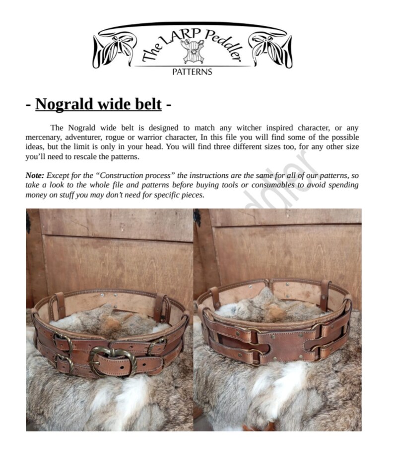 May include: A brown leather Nograld wide belt with brass buckles, designed for witcher-inspired characters. The belt is shown on a fur-like surface. The text "The LARP Peddler PATTERNS" is at the top.