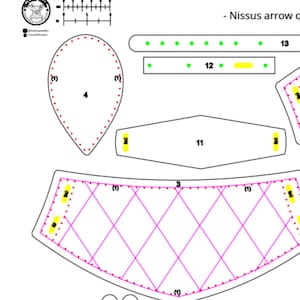 May include: A detailed diagram for a leathercraft project, featuring various shapes and patterns. The design includes a teardrop shape, a diamond pattern, and several rectangular pieces, all outlined in black and pink. Text includes "Nissus arrow q".