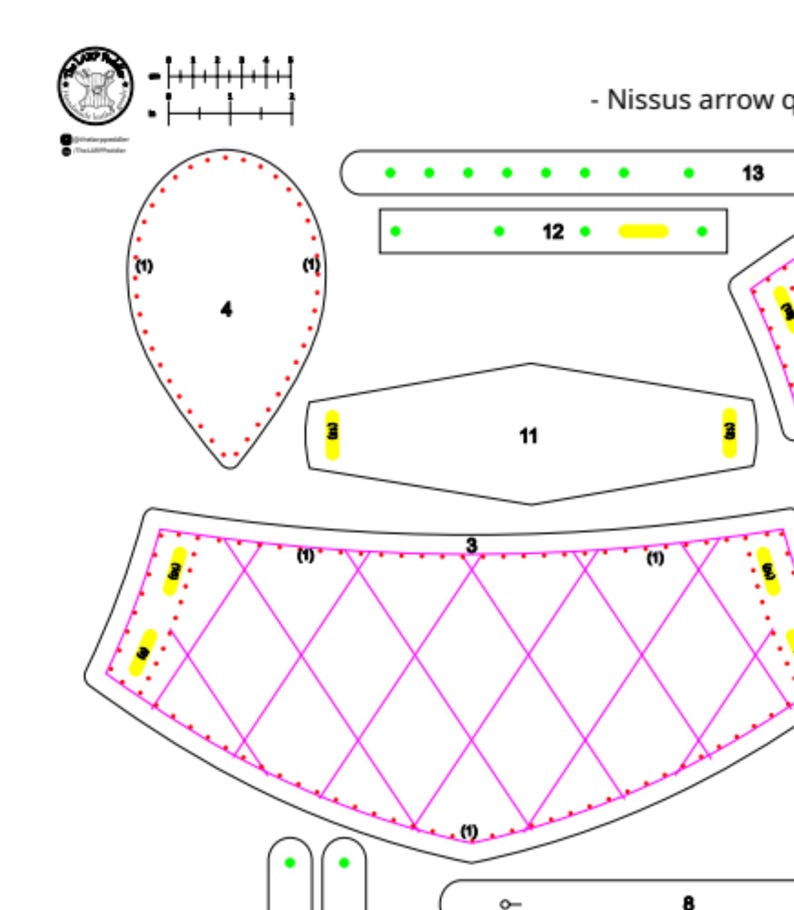 May include: A detailed diagram for a leathercraft project, featuring various shapes and patterns. The design includes a teardrop shape, a diamond pattern, and several rectangular pieces, all outlined in black and pink. Text includes "Nissus arrow q".