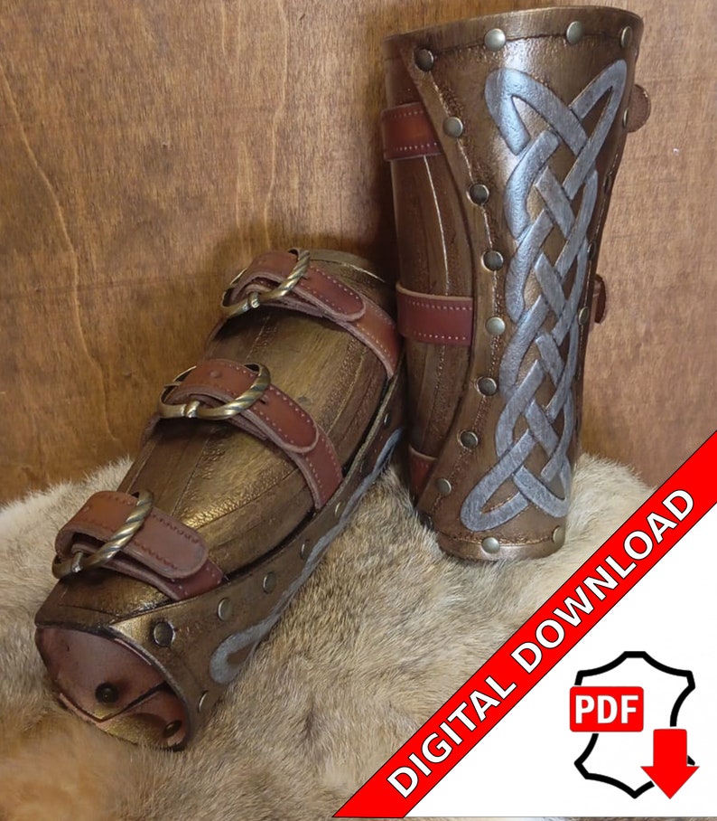 May include: A pair of brown leather arm guards with silver accents and a Celtic knot design. The guards are fastened with buckles and straps.  The image includes the text "DIGITAL DOWNLOAD" and a PDF icon.