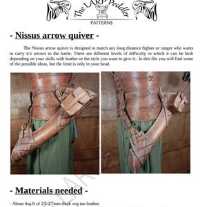 May include: A tan leather arrow quiver, designed for long-distance fighters or rangers. The quiver is shown attached to a person's side, with a small pouch and decorative stitching. The image includes text: "The LARP Peddler PATTERNS".