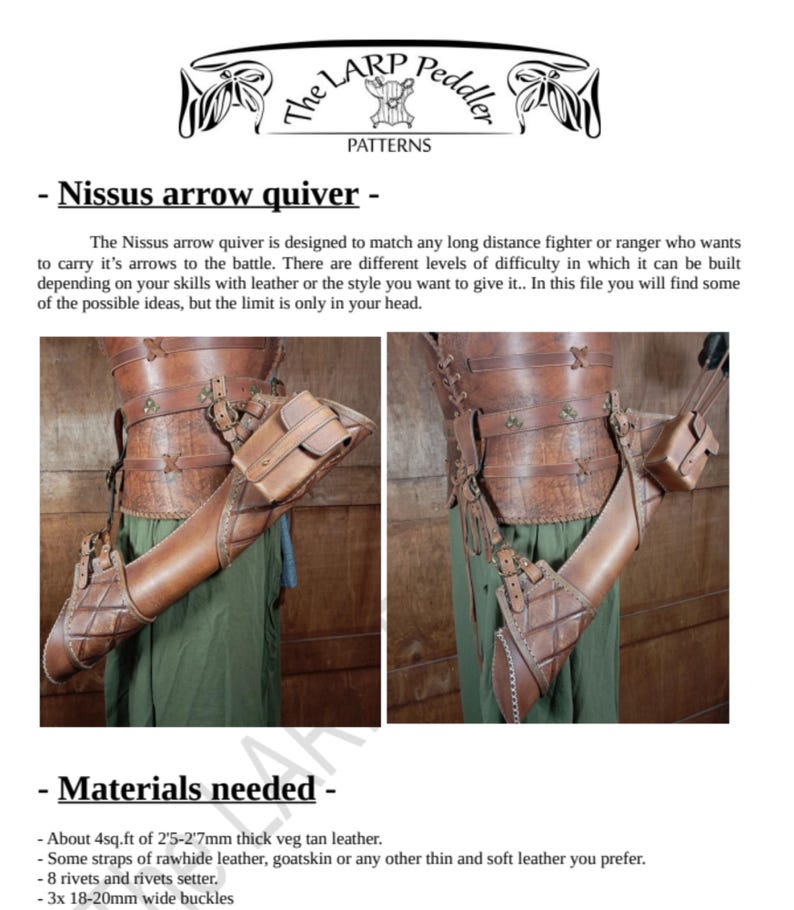 May include: A tan leather arrow quiver, designed for long-distance fighters or rangers. The quiver is shown attached to a person's side, with a small pouch and decorative stitching. The image includes text: "The LARP Peddler PATTERNS".