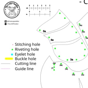 May include: A digital leather crafting pattern template featuring black cutting lines, green riveting holes, and numbered sections. Includes a 5-inch ruler, a legend defining stitching, riveting, eyelet, and buckle holes, and The LARP Peddler logo.