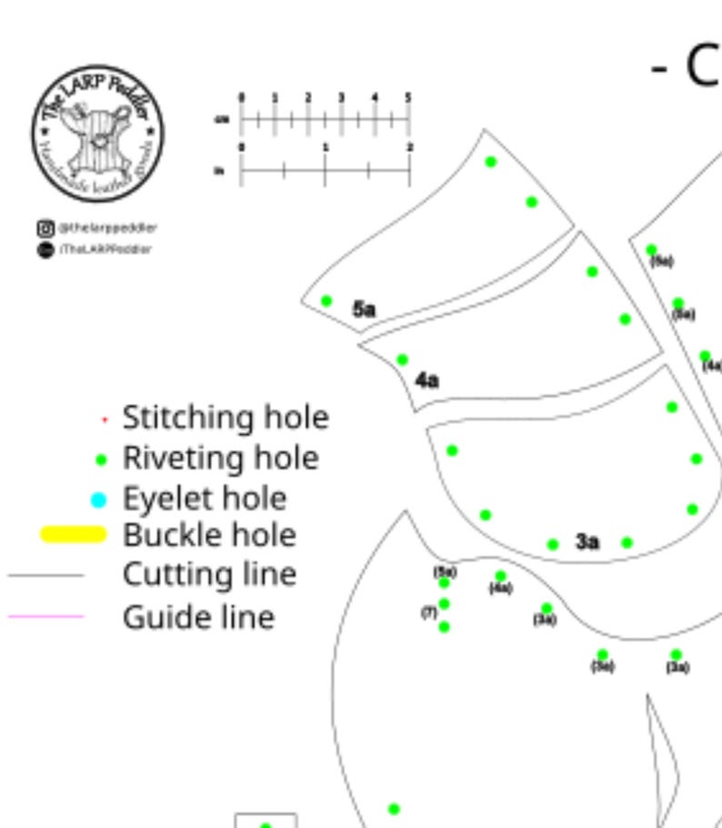 May include: A digital leather crafting pattern template featuring black cutting lines, green riveting holes, and numbered sections. Includes a 5-inch ruler, a legend defining stitching, riveting, eyelet, and buckle holes, and The LARP Peddler logo.