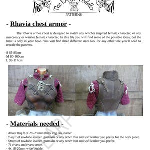 Puede incluir: Imagen de una armadura de pecho de cuero con el texto "The LARP Peddler PATTERNS". La armadura es marr&oacute;n con tela burdeos en los hombros y los brazos. Tambi&eacute;n es visible el texto "Rhavia chest armor".