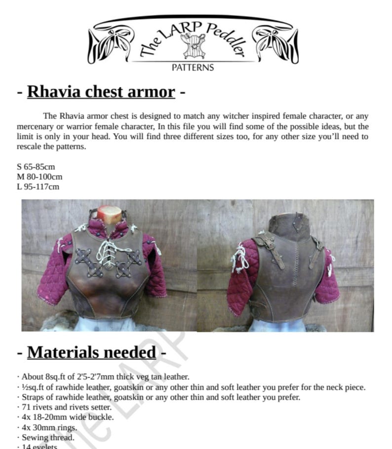Puede incluir: Imagen de una armadura de pecho de cuero con el texto "The LARP Peddler PATTERNS". La armadura es marr&oacute;n con tela burdeos en los hombros y los brazos. Tambi&eacute;n es visible el texto "Rhavia chest armor".