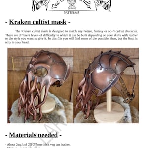 May include: A brown leather mask featuring a smooth, rounded upper section with riveted panels and multiple long, dangling tentacle-like appendages extending from the front. The mask includes an adjustable strap with a metal buckle.