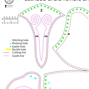 May include: A digital pattern for Cathbad druid female armour featuring black cutting lines, purple guide lines, and colour-coded holes. A 2-inch scale ruler is visible. Legend includes stitching, riveting, eyelet, and buckle holes for leather crafting.