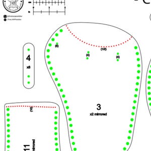 May include: A digital pattern template for leather crafting featuring numbered shapes labeled 3, 4, and 11. The design includes green dots indicating stitch holes, red dotted lines for specific edges, and a 5 cm or 2 inch scale ruler for reference.