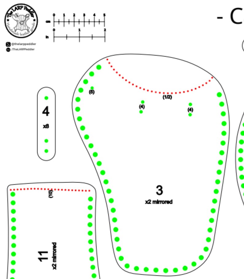 May include: A digital pattern template for leather crafting featuring numbered shapes labeled 3, 4, and 11. The design includes green dots indicating stitch holes, red dotted lines for specific edges, and a 5 cm or 2 inch scale ruler for reference.