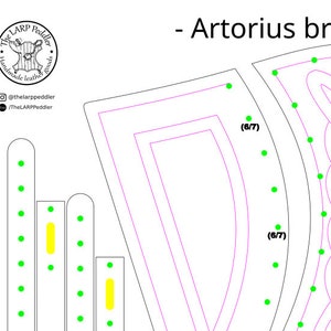 May include: A black and white illustration of a Celtic knot design with the text "Artorius bra" above it. The design is outlined in pink and black. There are green dots along the outline of the design.