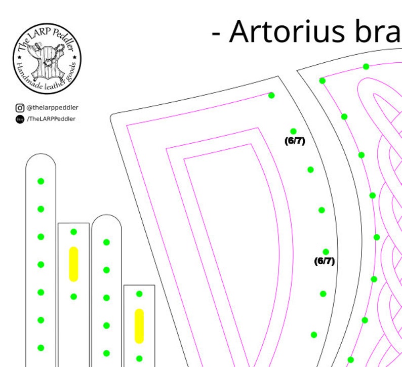 May include: A black and white illustration of a Celtic knot design with the text "Artorius bra" above it. The design is outlined in pink and black. There are green dots along the outline of the design.