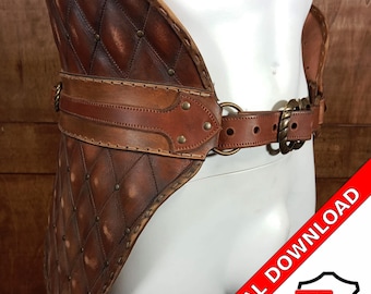 May include: Brown leather waist armor with a quilted design and metal accents. The armor is worn over a white mannequin torso. The image includes the text "DIGITAL DOWNLOAD PDF".