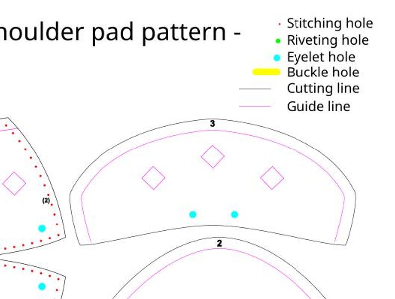May include: A diagram showing a shoulder pad pattern with stitching, riveting, eyelet, and buckle holes. The pattern includes cutting and guide lines. The pattern is labelled with numbers 2 and 3.