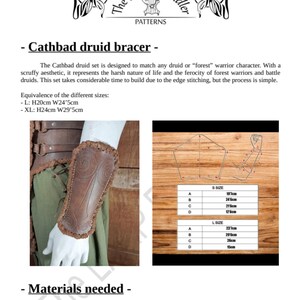 May include: A brown leather bracer with embossed swirl patterns and stitched edges. The document includes the title Cathbad druid bracer, size charts for L and XL with measurements in cm, and a diagram showing pattern shapes on a wooden surface.