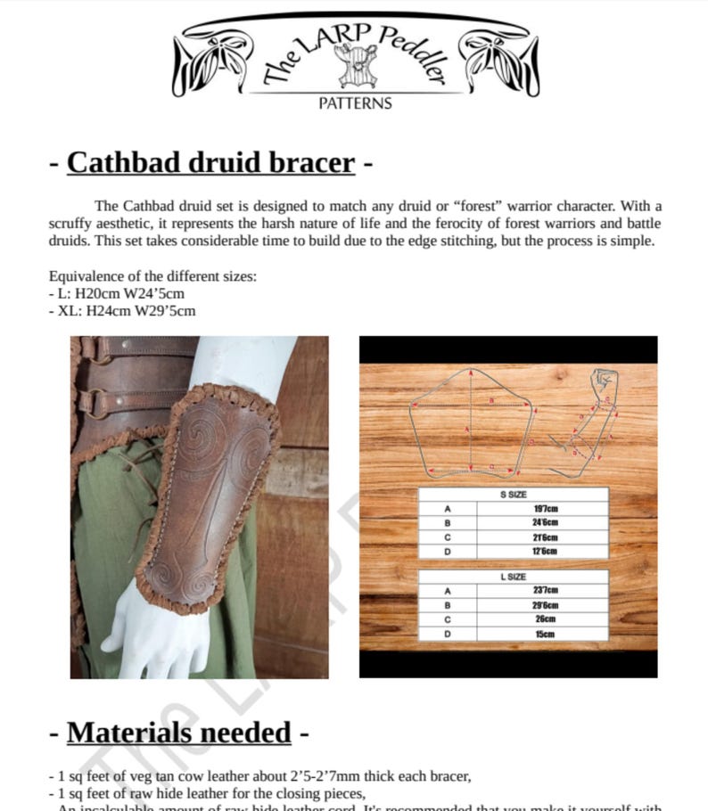 May include: A brown leather bracer with embossed swirl patterns and stitched edges. The document includes the title Cathbad druid bracer, size charts for L and XL with measurements in cm, and a diagram showing pattern shapes on a wooden surface.