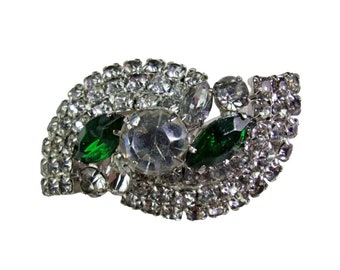 Vintage Rhinestone Brooch Silver Metal Green Rhinestones Art Deco Style 1950s Mid Century