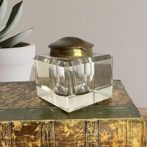Antique Victorian Glass Inkwell with Hinged Brass Lid – Clear Square Ink Well, Vintage Desk Accessory, Collectible Writing Decor
