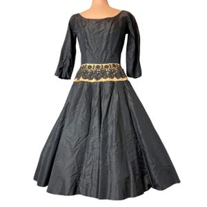 Vintage 1950s Dress Black Satin Embroidered Party Dress Full Circle Dress Rockabilly Dress NEW LOOK