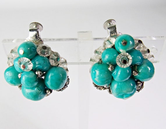 Vintage Vendome Earrings Beaded Turquoise Rhinest… - image 4