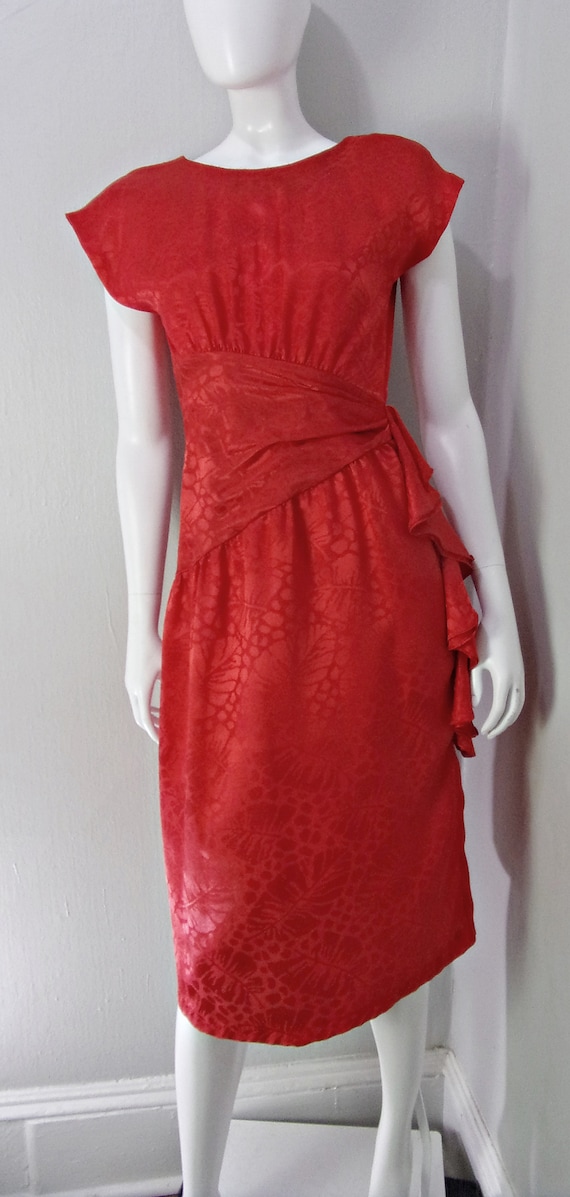 Vintage Silky Party Dress 80s does 40s RED Tropic… - image 2