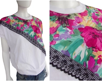 Vintage 80s Womens Bold Bright Top Blouse Tshirt Floral Slouchy Oversized Pink COLORFUL Watercolor Flowers XL