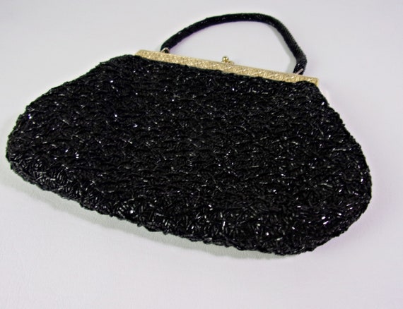 Vintage Evening Bag Purse Black Beaded Gold Filig… - image 2