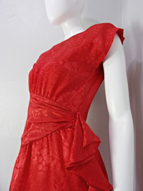 Vintage Silky Party Dress 80s does 40s RED Tropic… - image 8