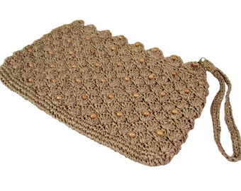 Vintage BOHO Purse Handbag Wristlet Woven Raffia Beaded 1970s