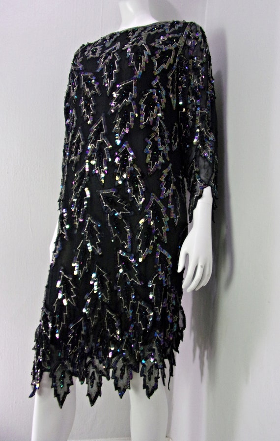 Vintage 80s Sequin Beaded Party Dress, NYE Beaded… - image 2