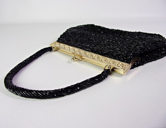 Vintage Evening Bag Purse Black Beaded Gold Filig… - image 4
