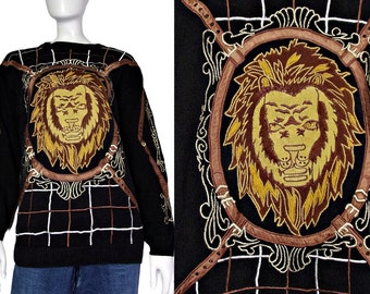 Vintage Lion Head Sweater 90s Versace Style Black Embroidered Graphic Oversized Pullover XL