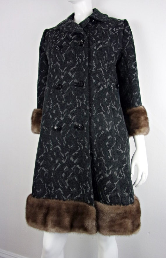 Vintage Swing Coat Wool Fox Fur Trimmed Abstract … - image 2